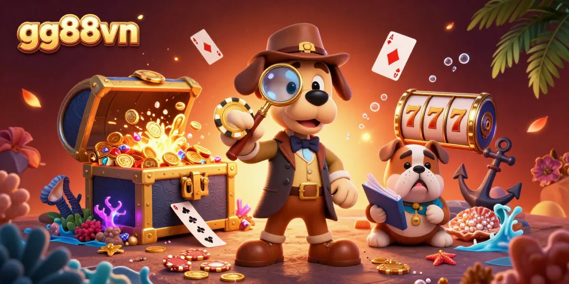 Engage with gg88vn's dynamic gambling universe featuring cartoon characters exploring poker clues with vibrant casino elements.