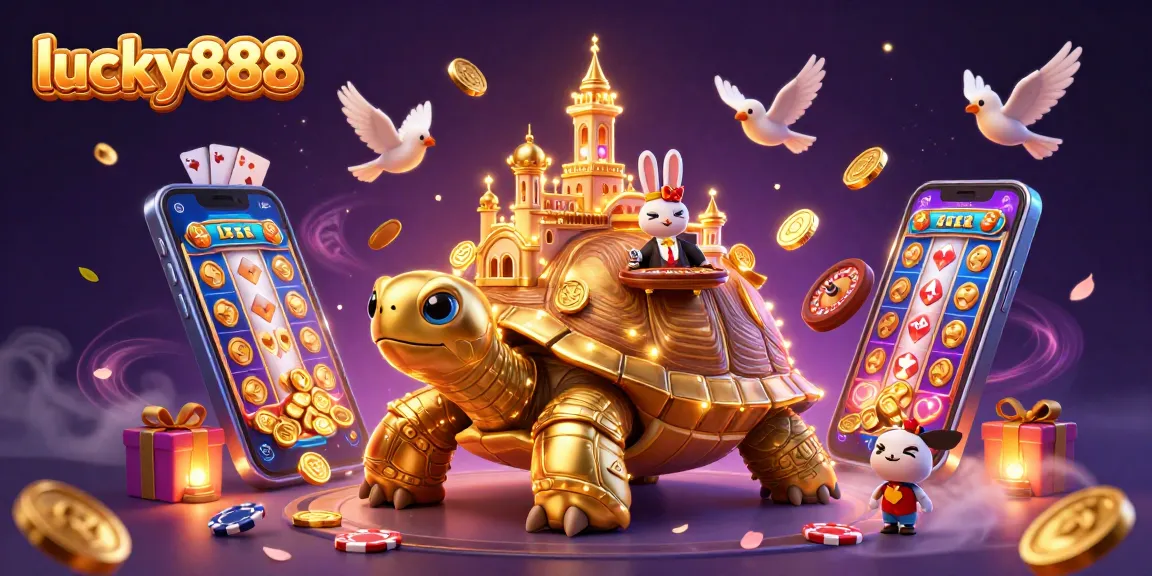Play exciting games at lucky888 with a giant golden tortoise casino scene full of dynamic casino elements.