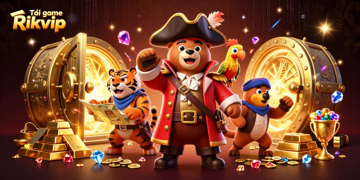 Tải game Rikvip with a vibrant 3D illustration showcasing a pirate captain bear, tiger first mate, and treasure