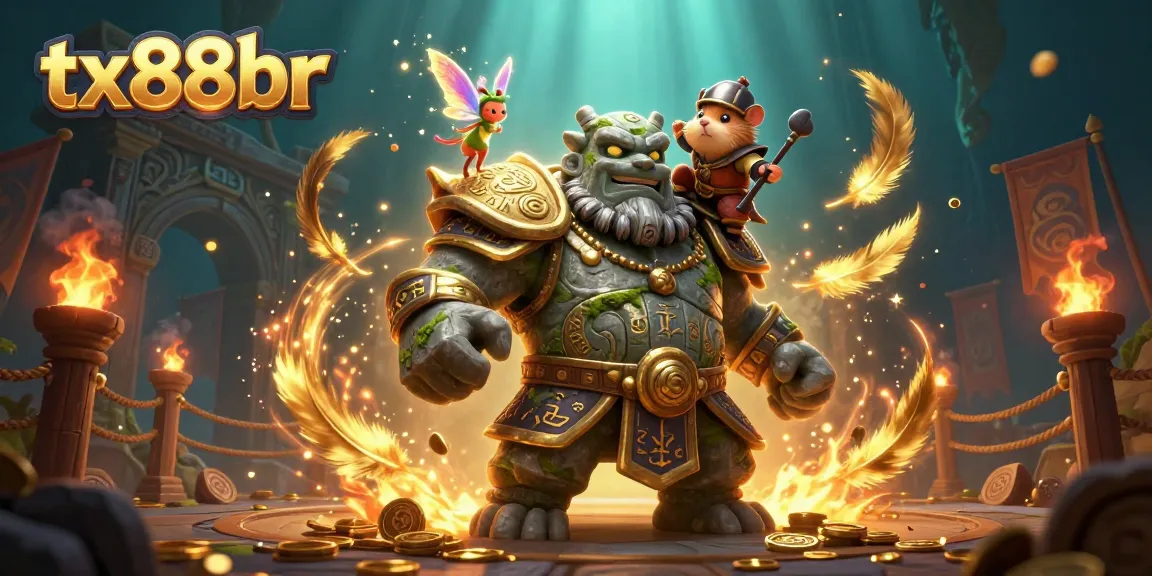 Experience thrilling gaming action with tx88br, featuring a magical golem and unique fantasy elements in a vibrant casino scene.