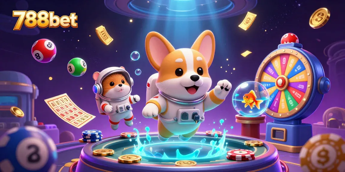 Experience gaming excitement with a vibrant 788bet illustration featuring a floating corgi, colorful games, and dynamic casino elements.