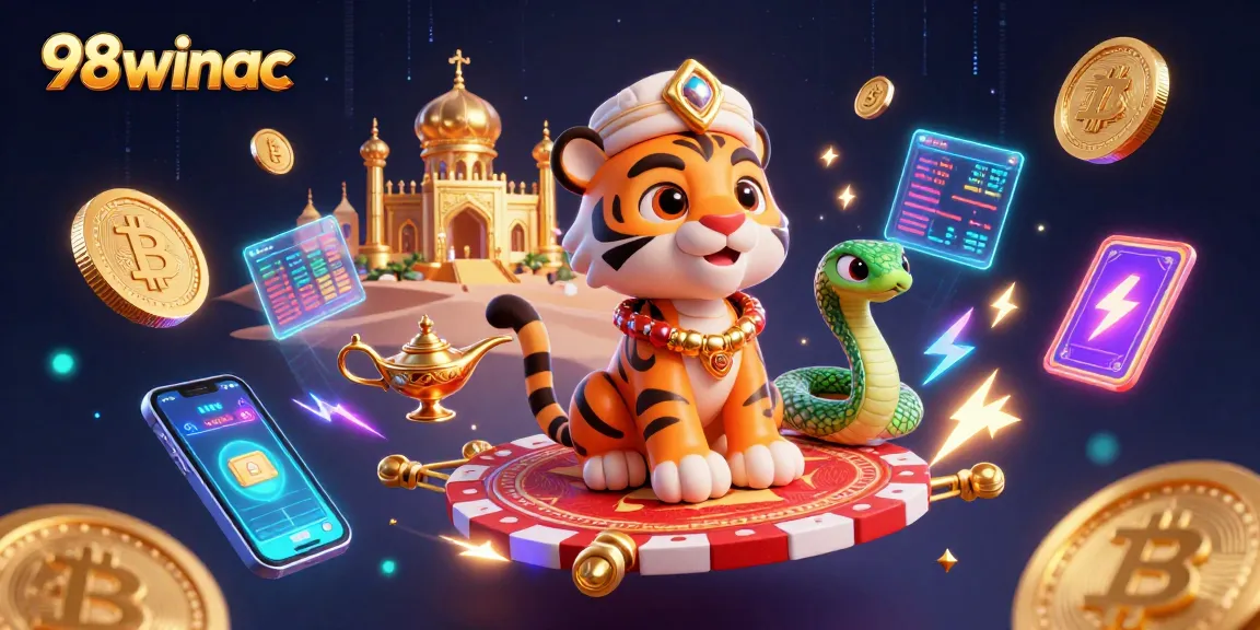 Experience excitement with 98winac as tiger sultan and genie illuminate a magical casino adventure.