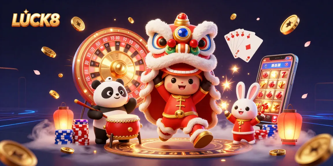 Win big at LUCK8 while enjoying a vibrant, festive casino atmosphere with playful characters.