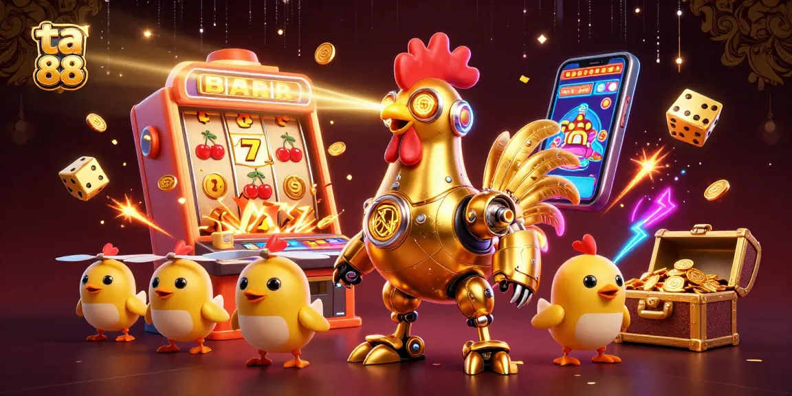 Experience excitement with ta 88's cartoon casino scene featuring a golden robot and baby drones.