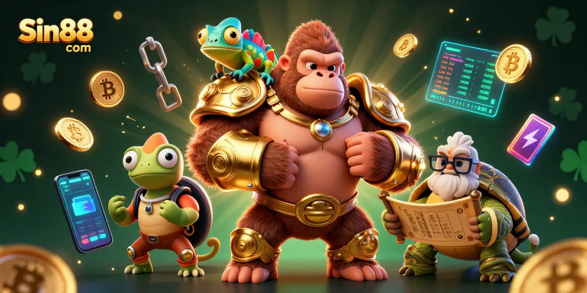 Engage with Sin88 com's thrilling environment featuring a gorilla king, chameleon spy, and tortoise elder amidst vibrant crypto and gaming elements.