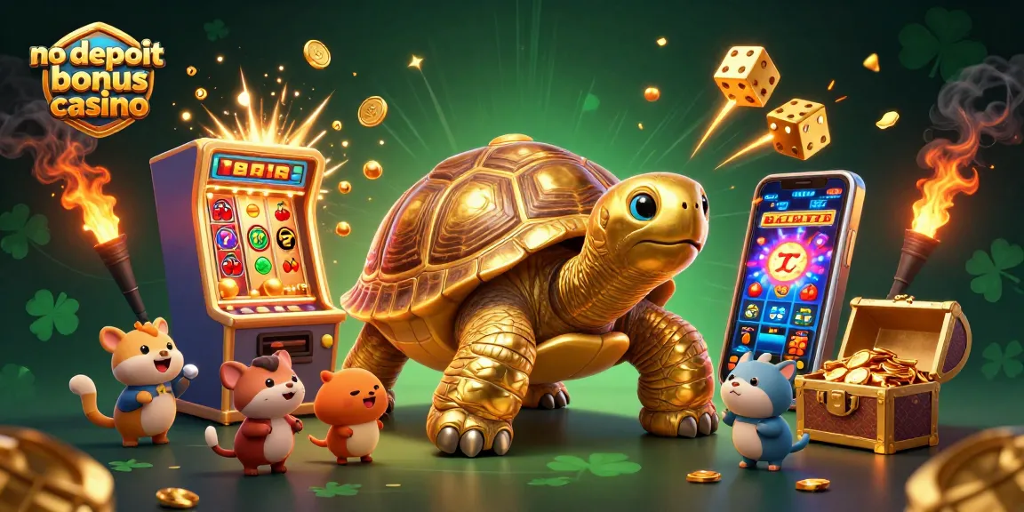 No deposit bonus casino vibrant illustration featuring a colossal golden tortoise pinball machine and exciting animals