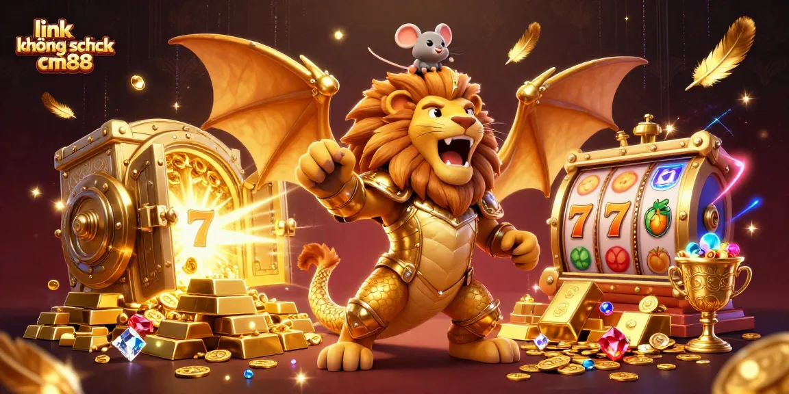 Experience the thrilling link không chặn cm88 adventure with a golden chimera and vibrant slot reels in a dazzling scene.