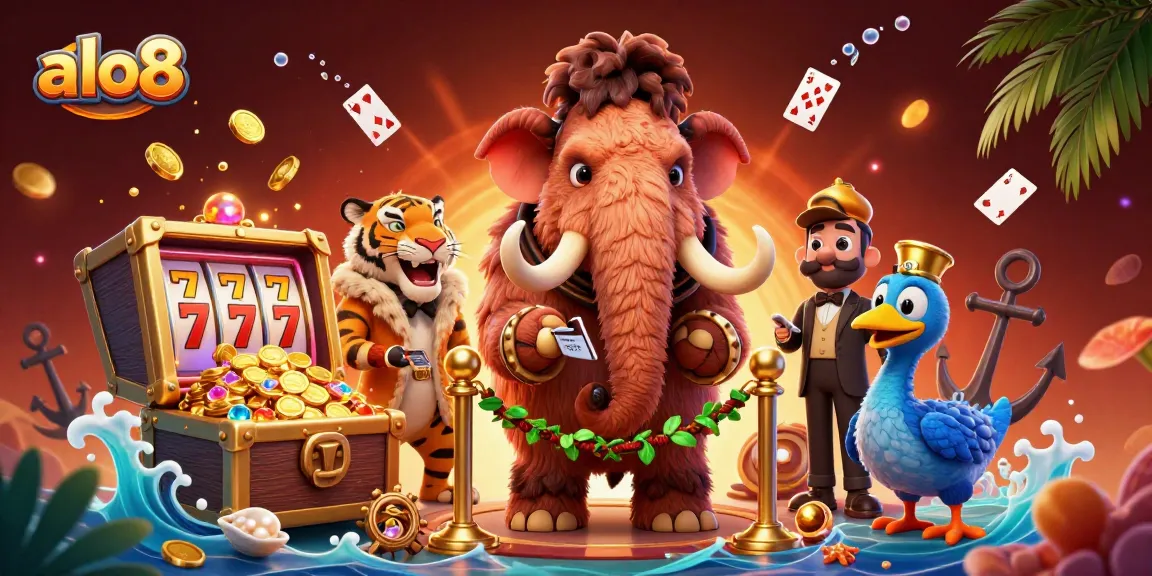 Experience exhilarating wins at ALO8 with our vibrant casino scene featuring a mammoth bouncer and lucky treasures.
