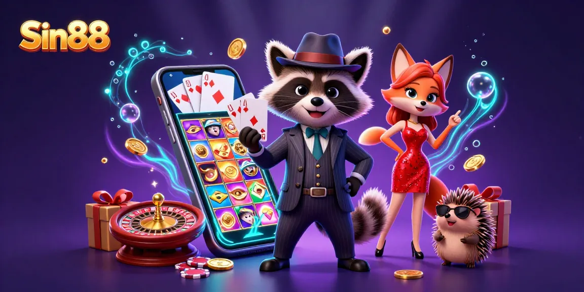 Experience the excitement of Sin88 as a suave raccoon deals a royal flush in a vibrant digital casino scene.