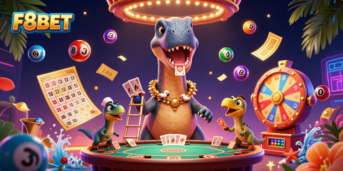 F8BET offers thrilling gambling experience with colorful lottery balls and dynamic casino characters.