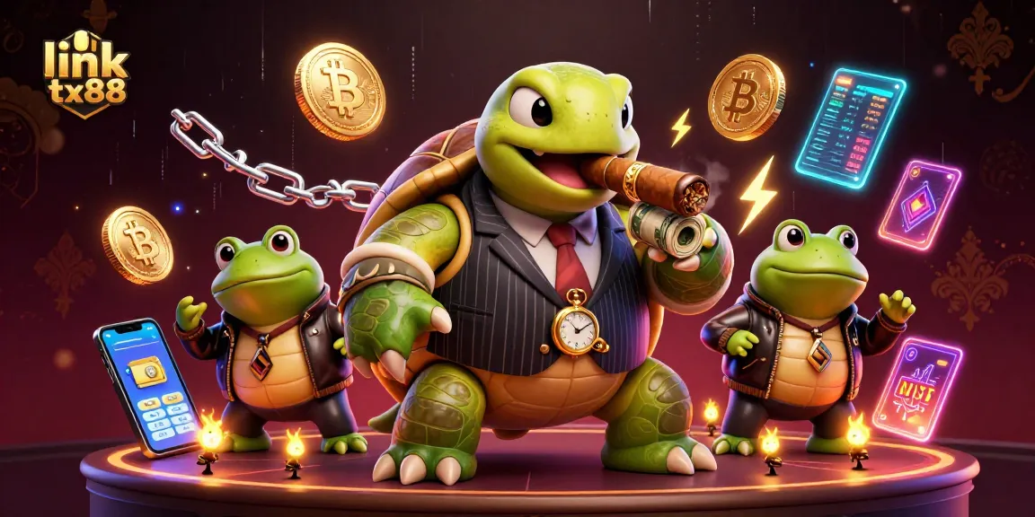 Engage with link tx88 in this vibrant casino scene featuring a cartoon turtle and bullfrogs.