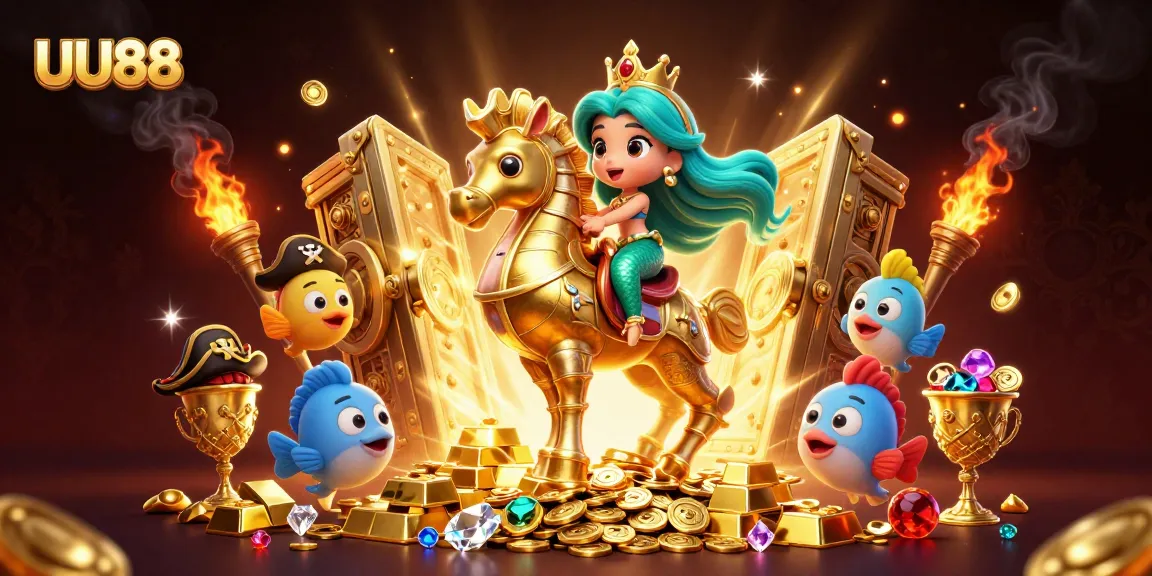 Experience adventure with UU88 as the mermaid princess collects treasures in a vibrant casino scene.